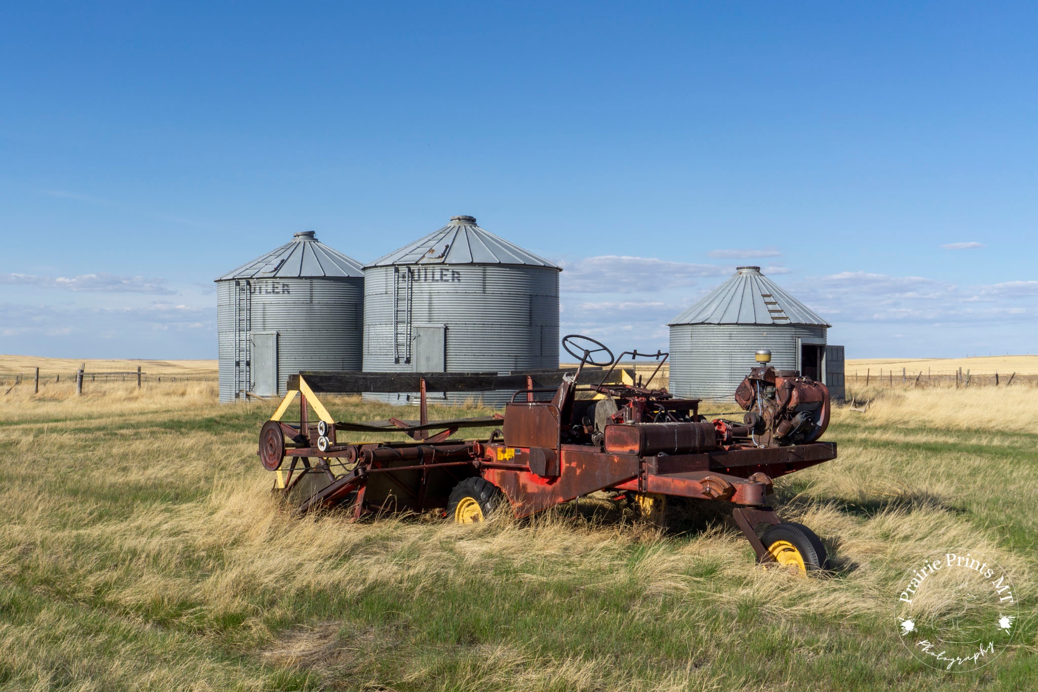 Unframed Photo Print - Montana Farm Print – Vintage Red Swather & Grain Bins